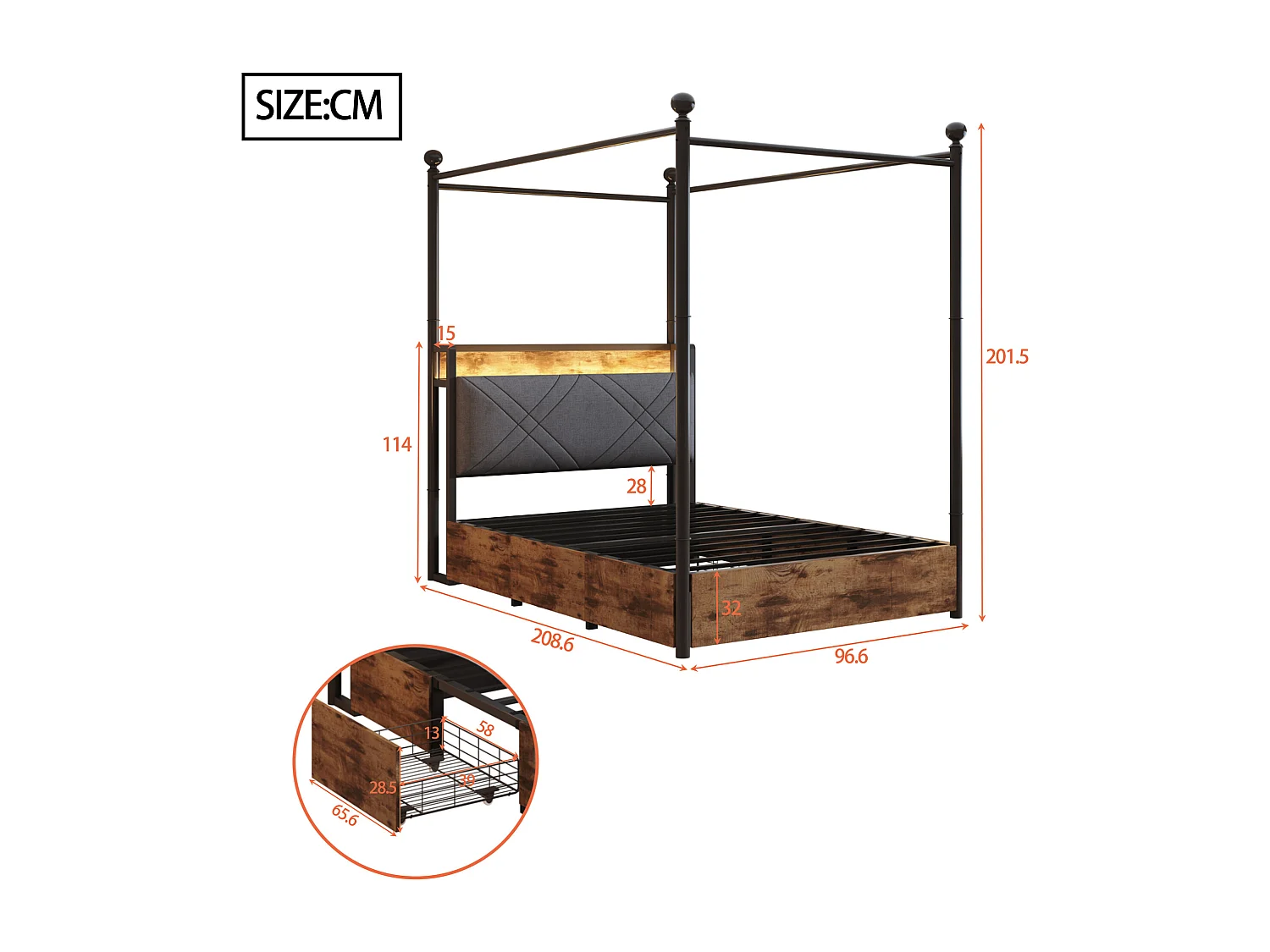 Lit à baldaquin 90x190 en métal noir avec 2 tiroirs LED et USB Type-C