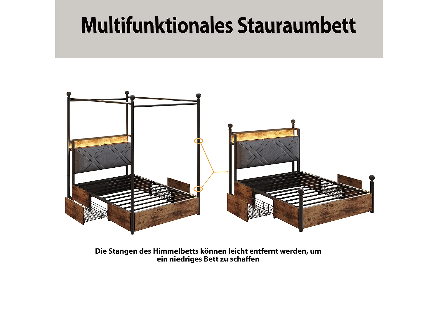 Lit à baldaquin 90x190 en métal noir avec 2 tiroirs LED et USB Type-C
