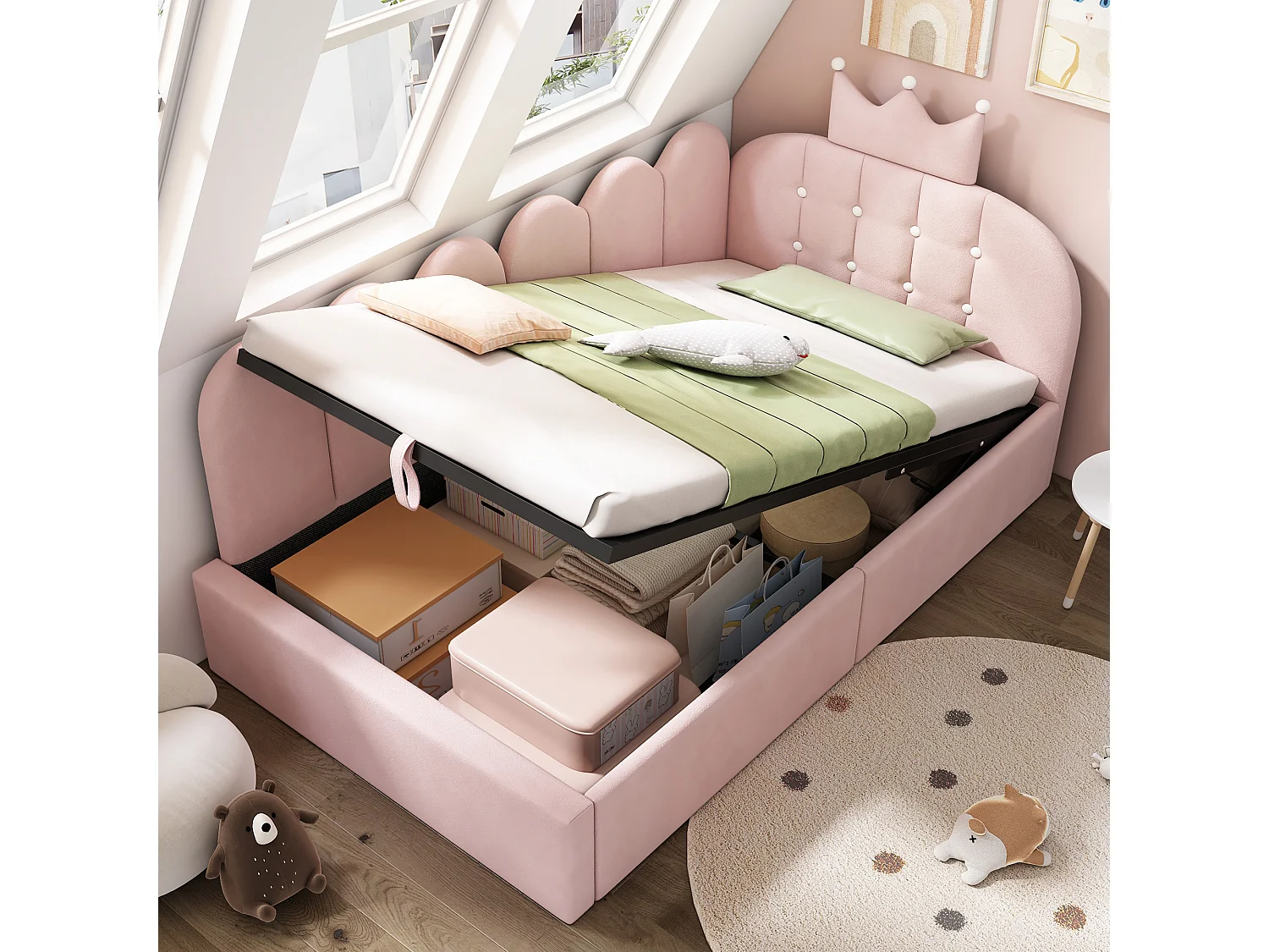Lit Banquette capitonnée 90 x 200 cm, canapé-lit avec rangement hydraulique avec à motif de couronne - velours -rose