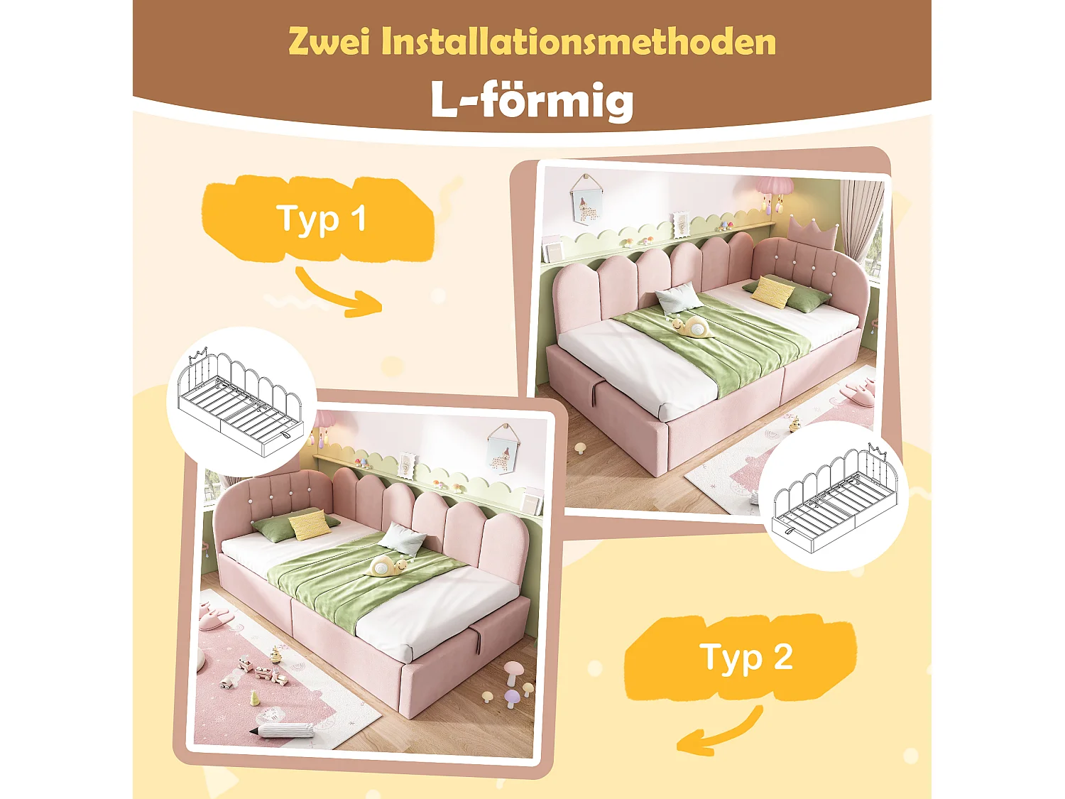 Lit Banquette capitonnée 90 x 200 cm, canapé-lit avec rangement hydraulique avec à motif de couronne - velours -rose
