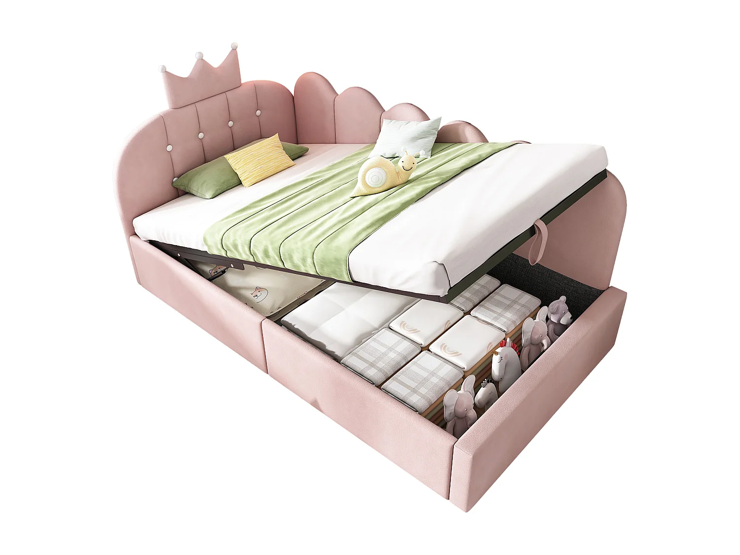 Lit Banquette capitonnée 90 x 200 cm, canapé-lit avec rangement hydraulique avec à motif de couronne - velours -rose