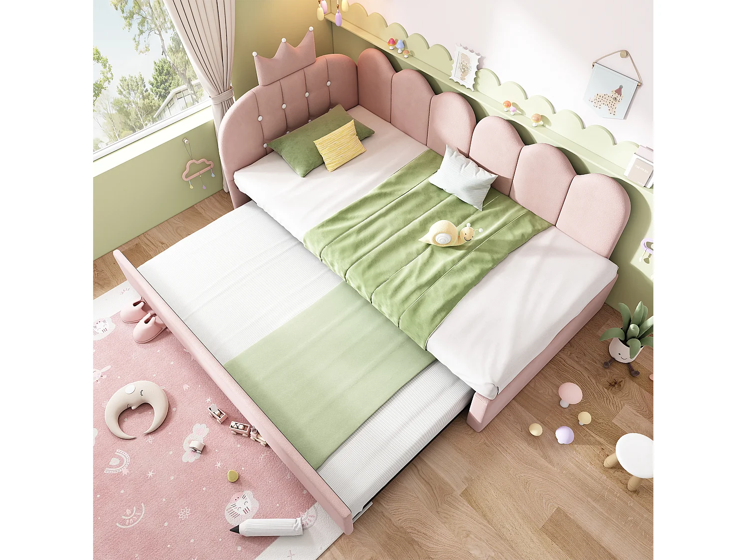 Canapé lit gigogne 90 x 200 cm, lit d'appoint simple 90 x 190 cm, forme en L, gain de place pour chambres d'enfants ou chambres d'amis, velours ,rose