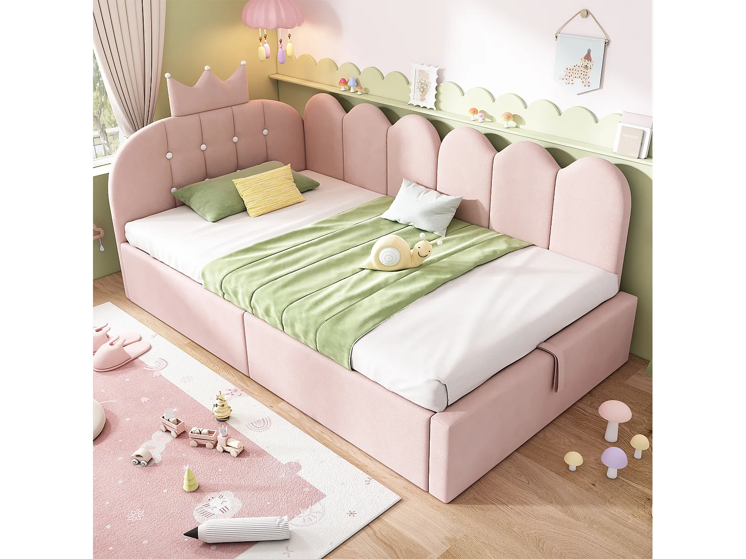 Lit Banquette capitonnée 90 x 190 cm, canapé-lit avec rangement hydraulique avec à motif de couronne - velours -rose