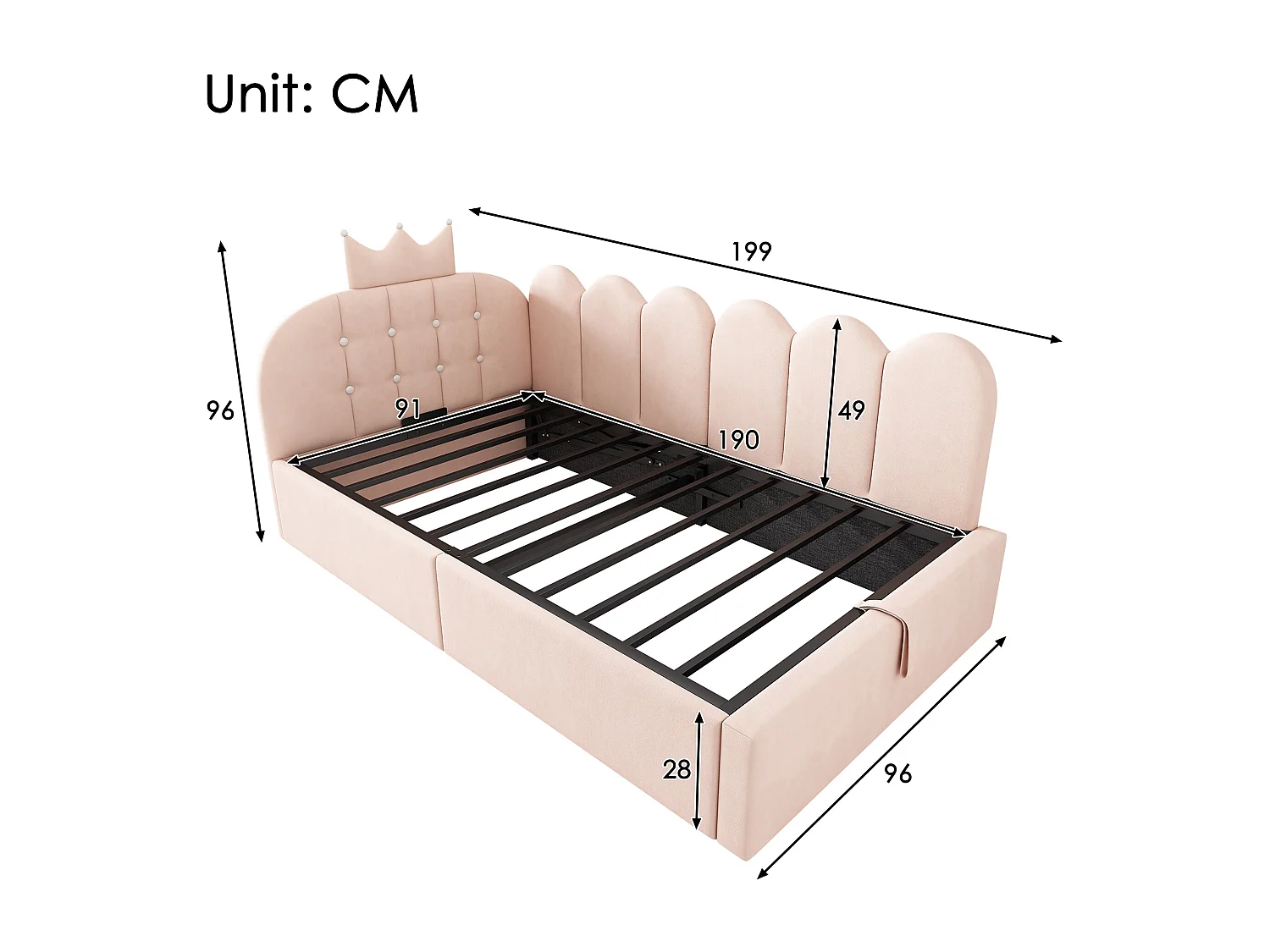 Lit Banquette capitonnée 90 x 190 cm, canapé-lit avec rangement hydraulique avec à motif de couronne - velours -rose