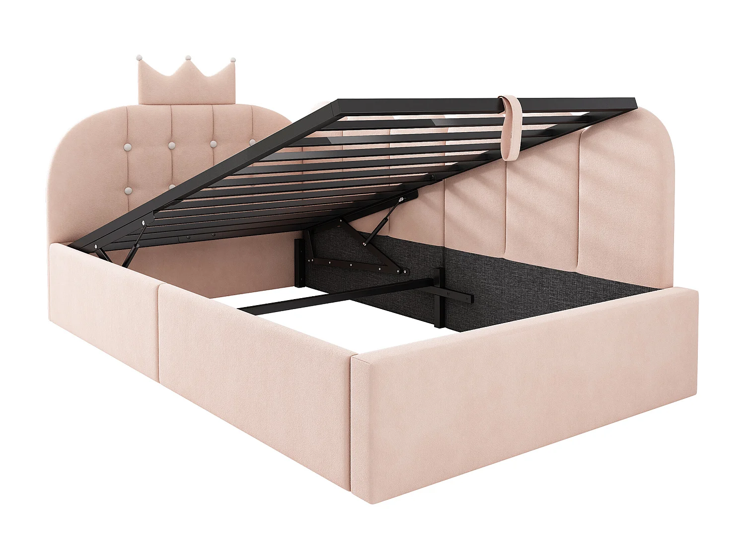 Lit Banquette capitonnée 90 x 190 cm, canapé-lit avec rangement hydraulique avec à motif de couronne - velours -rose