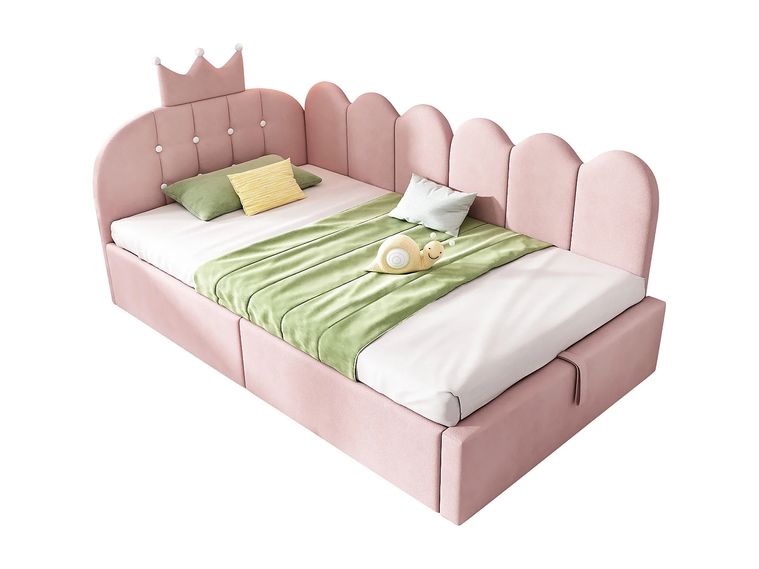 Lit Banquette capitonnée 90 x 190 cm, canapé-lit avec rangement hydraulique avec à motif de couronne - velours -rose