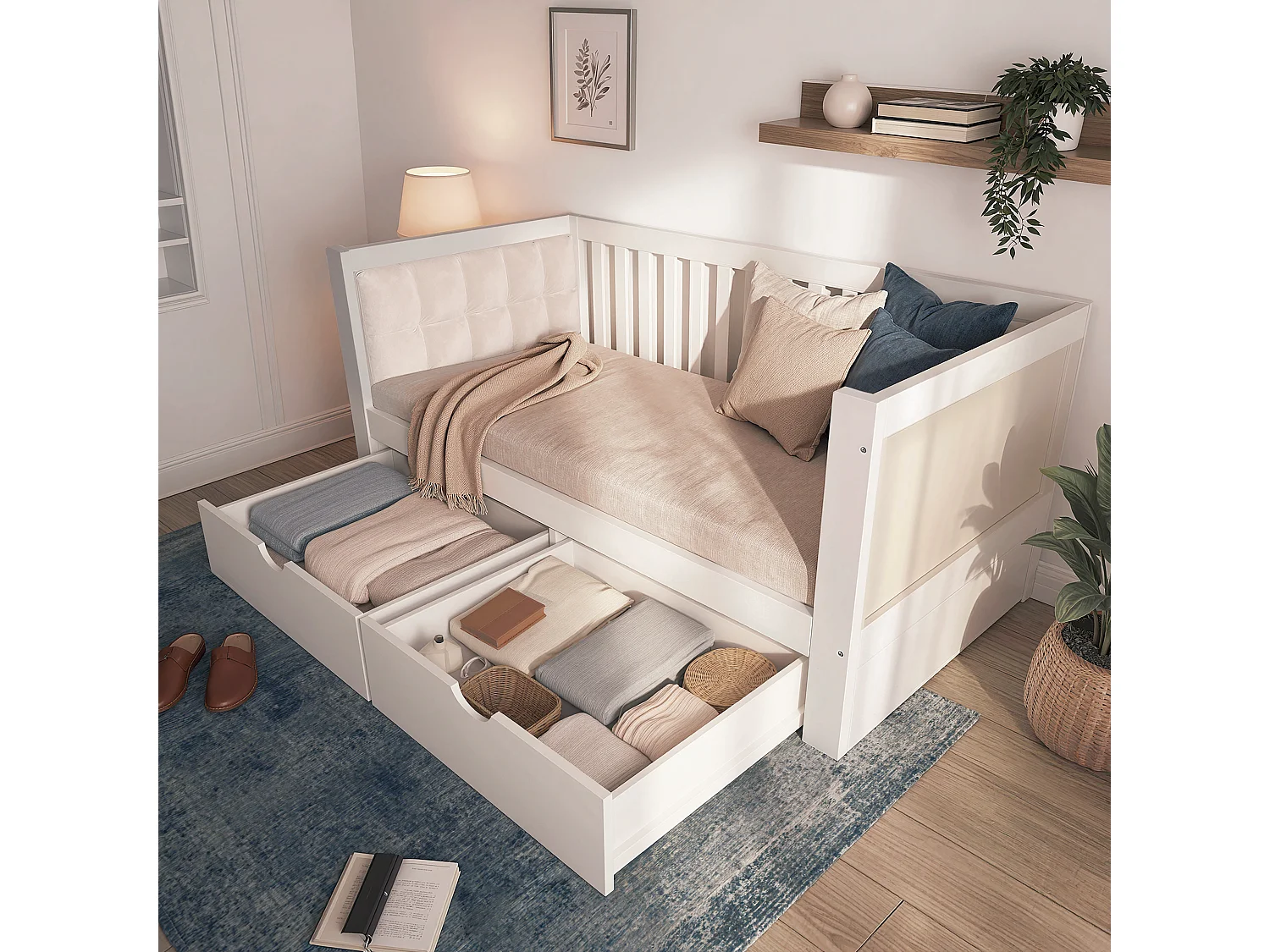 Lit banquette 90x190 cm Lit coffre enfant avec 2 tiroirs de rangement - Canapé lit en bois pour studio et petite chambre - blanc