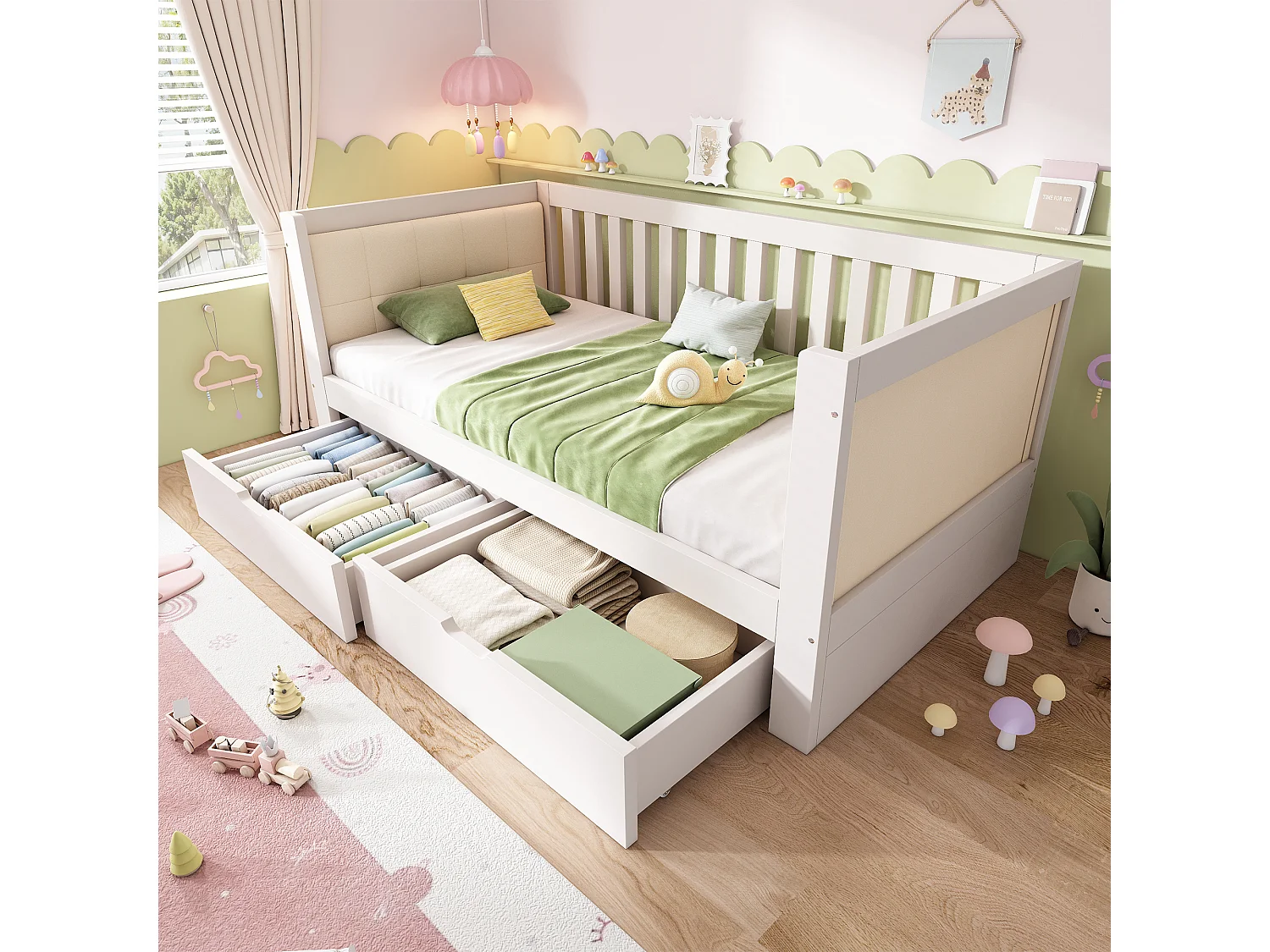 Lit banquette 90x190 cm Lit coffre enfant avec 2 tiroirs de rangement - Canapé lit en bois pour studio et petite chambre - blanc