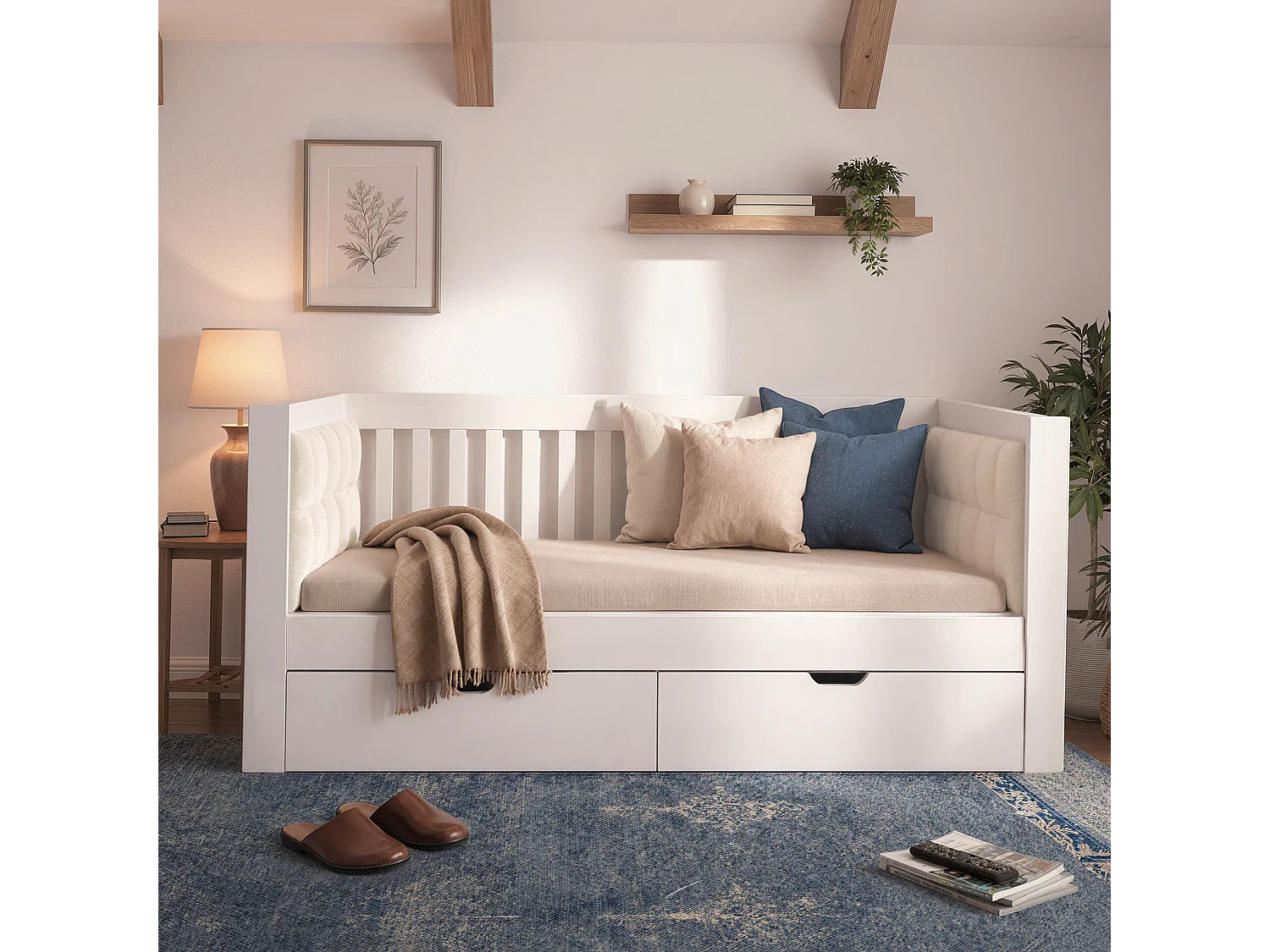 Lit banquette 90x190 cm Lit coffre enfant avec 2 tiroirs de rangement - Canapé lit en bois pour studio et petite chambre - blanc