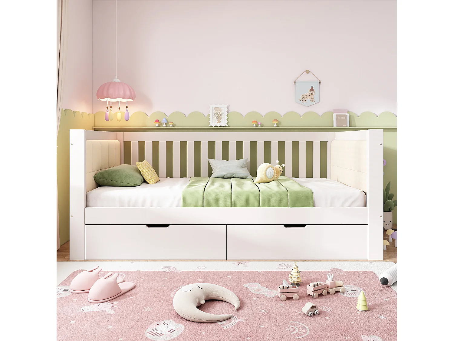 Lit banquette 90x190 cm Lit coffre enfant avec 2 tiroirs de rangement - Canapé lit en bois pour studio et petite chambre - blanc