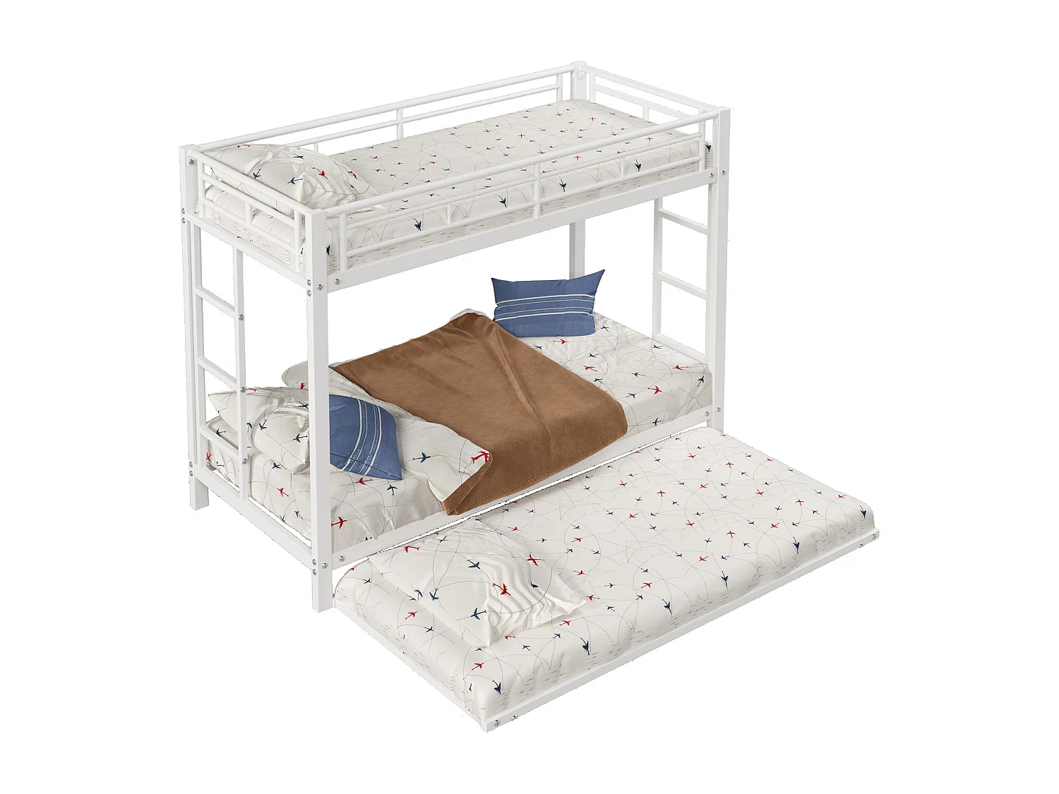 Lit Superposé Métal 90x200 cm avec Lit Gigogne Escamotable et Barrière Sécurité Haute  - Structure Renforcée Blanc - Capacité 120kg