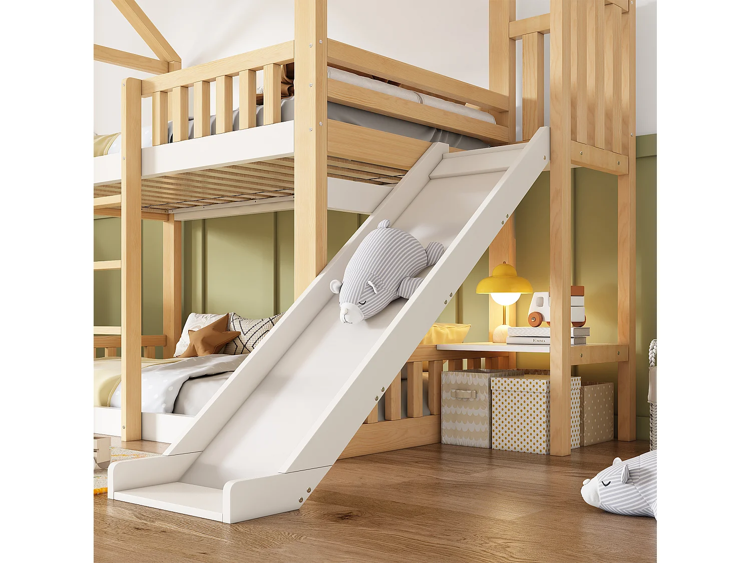 Lit superposé enfant 90x200 cm Lit cabane avec toboggan échelle sécurisée, certifié EN747, naturel