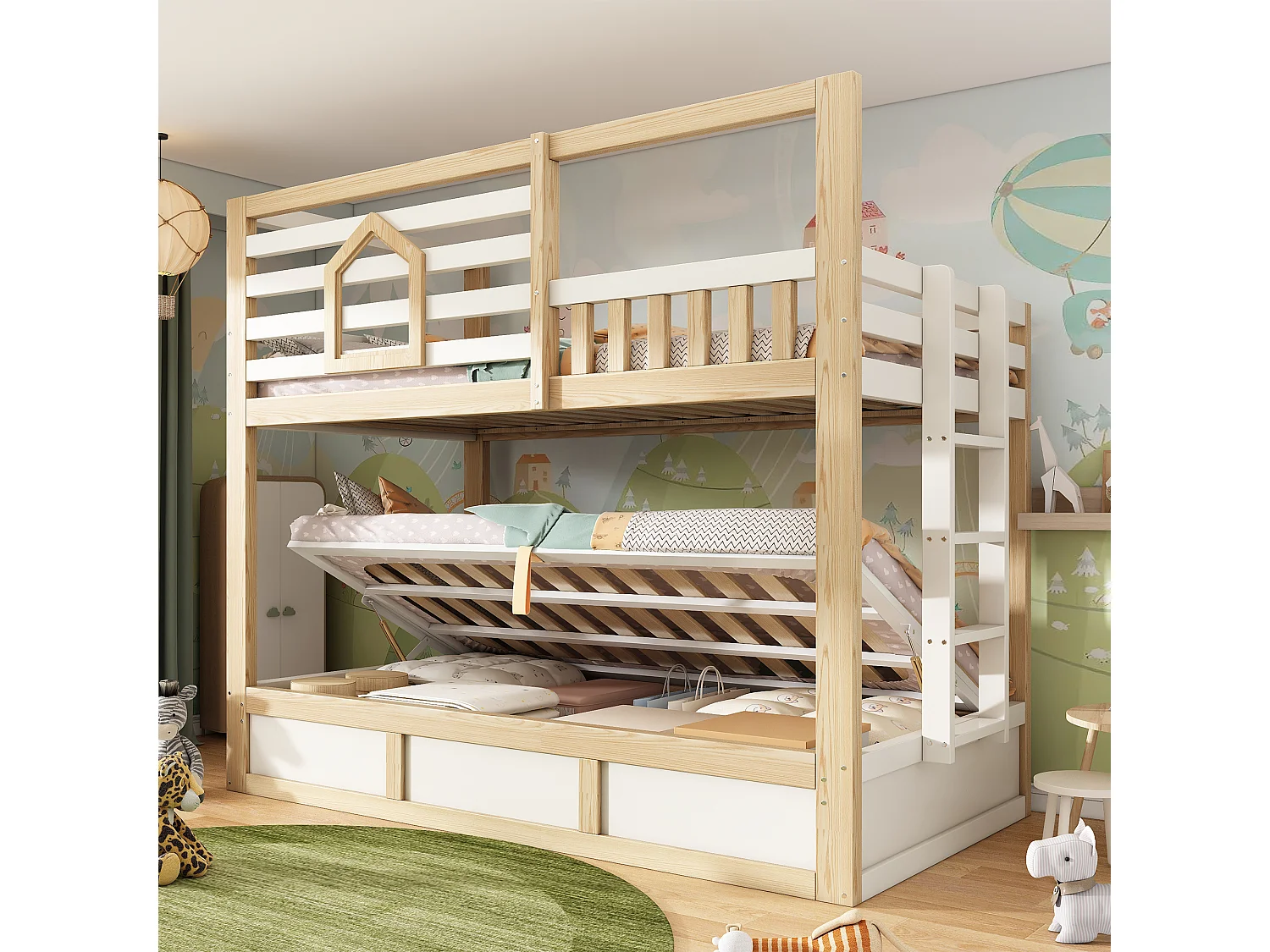 Lit superposé enfant 90x200 cm Lit cabane bois avec fenêtre - garde-corps - échelle droite - rangement hydraulique - certifié EN747 - Chêne