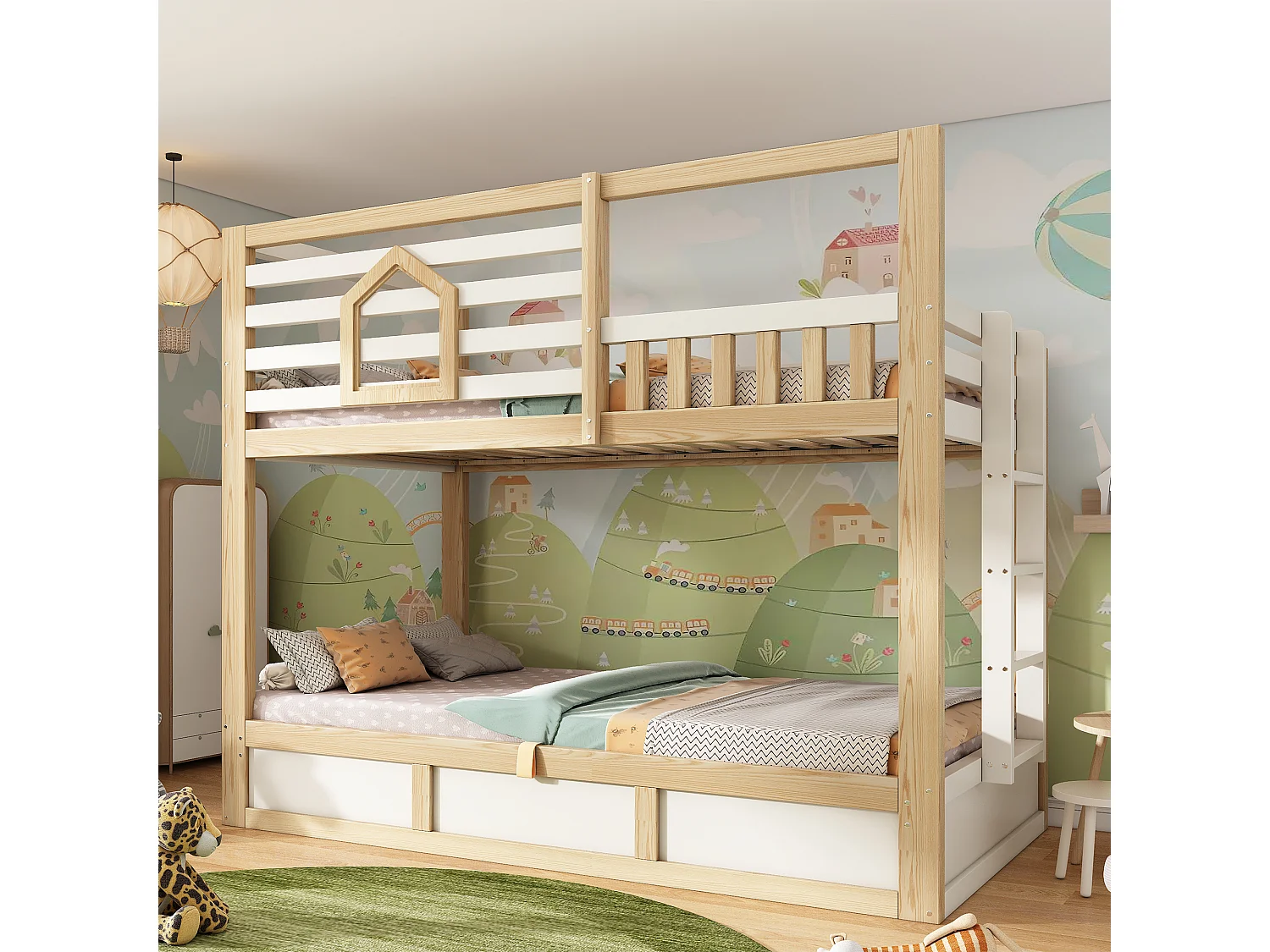 Lit superposé enfant 90x200 cm Lit cabane bois avec fenêtre - garde-corps - échelle droite - rangement hydraulique - certifié EN747 - Chêne