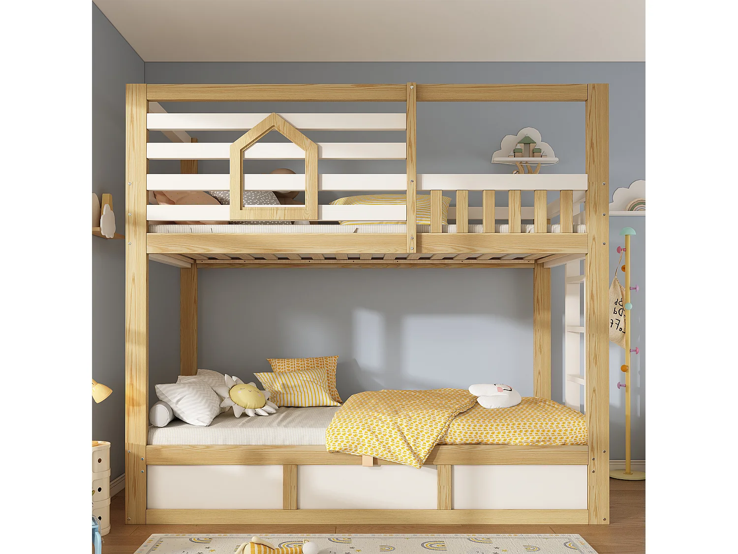 Lit superposé enfant 90x200 cm Lit cabane bois avec fenêtre - garde-corps - échelle droite - rangement hydraulique - certifié EN747 - Chêne