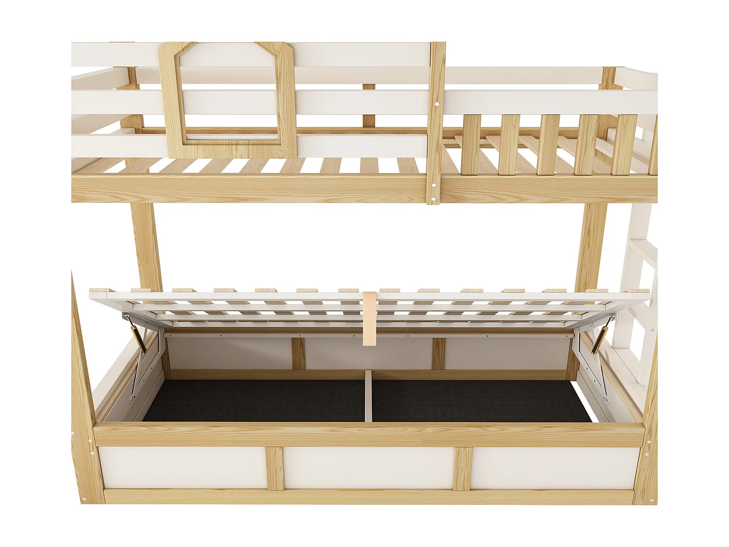 Lit superposé enfant 90x200 cm Lit cabane bois avec fenêtre - garde-corps - échelle droite - rangement hydraulique - certifié EN747 - Chêne