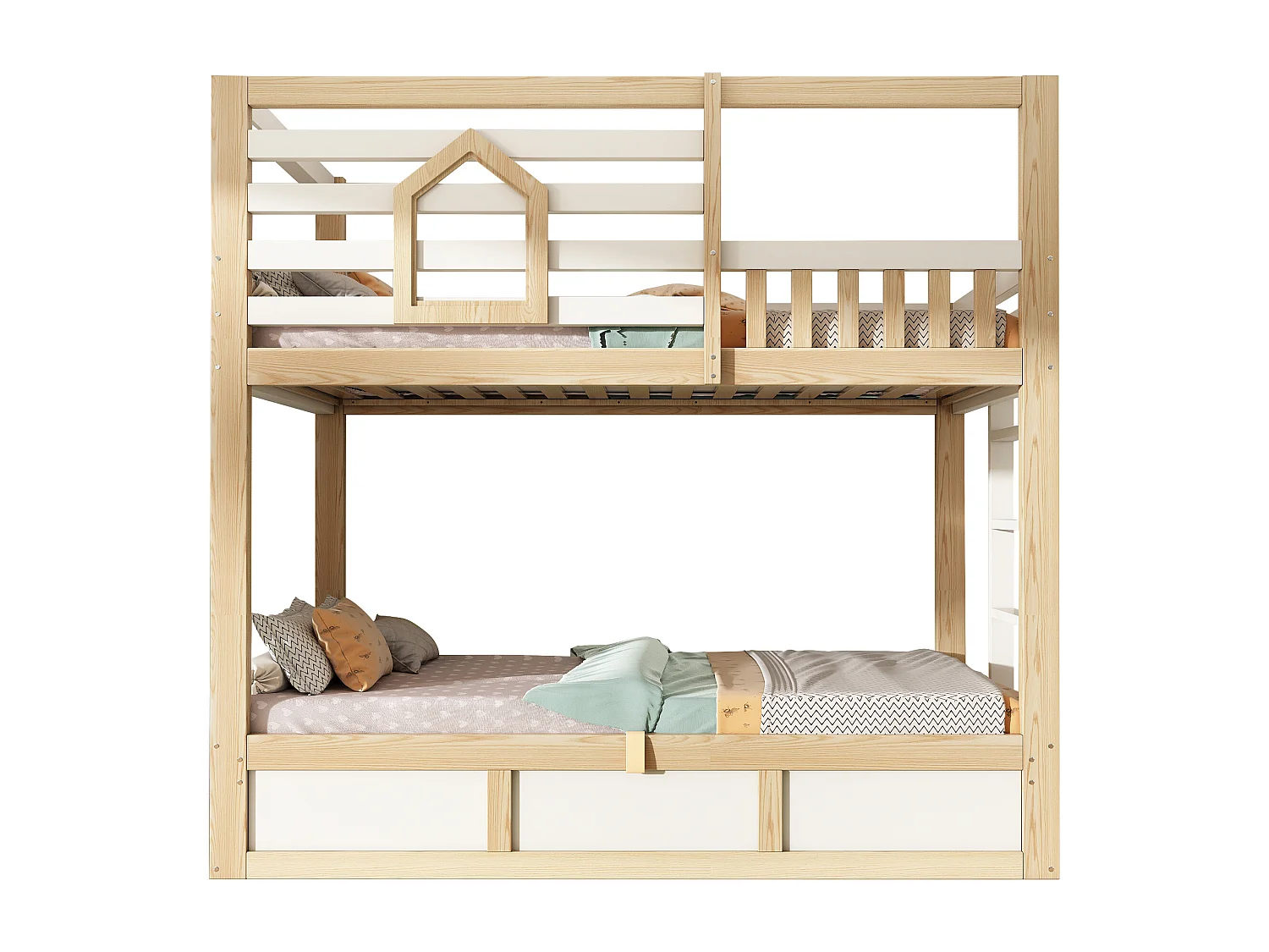 Lit superposé enfant 90x200 cm Lit cabane bois avec fenêtre - garde-corps - échelle droite - rangement hydraulique - certifié EN747 - Chêne