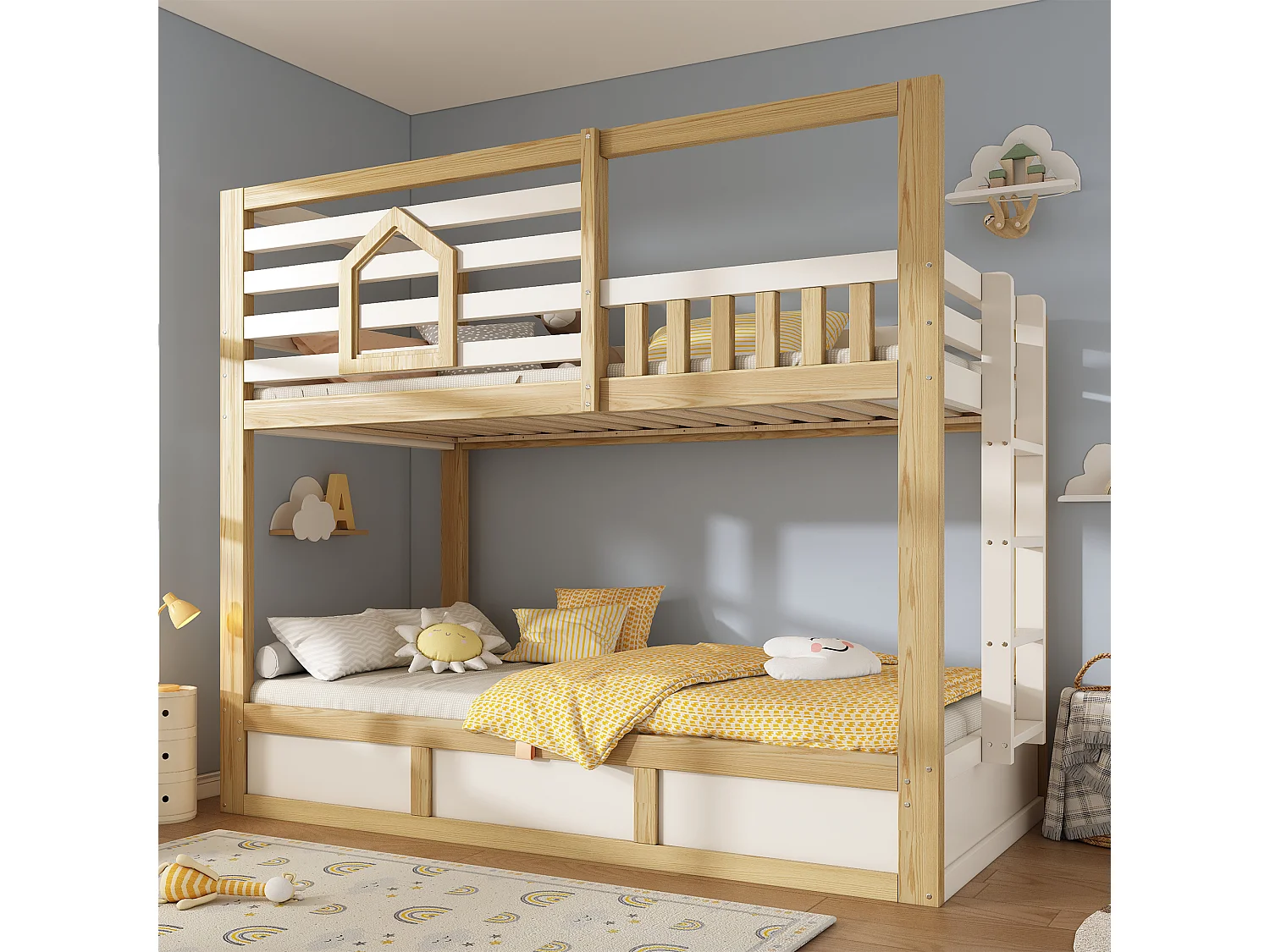 Lit superposé enfant 90x200 cm Lit cabane bois avec fenêtre - garde-corps - échelle droite - rangement hydraulique - certifié EN747 - Chêne
