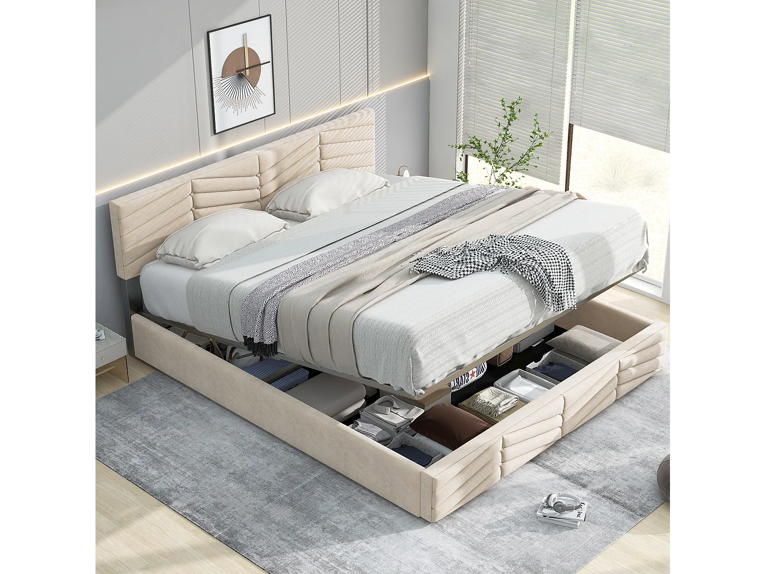 Lit coffre Lit adulte Lit double 140x190 cm avec tête de lit réglable en hauteur - Sommier à lattes bois inclus - velours - beige