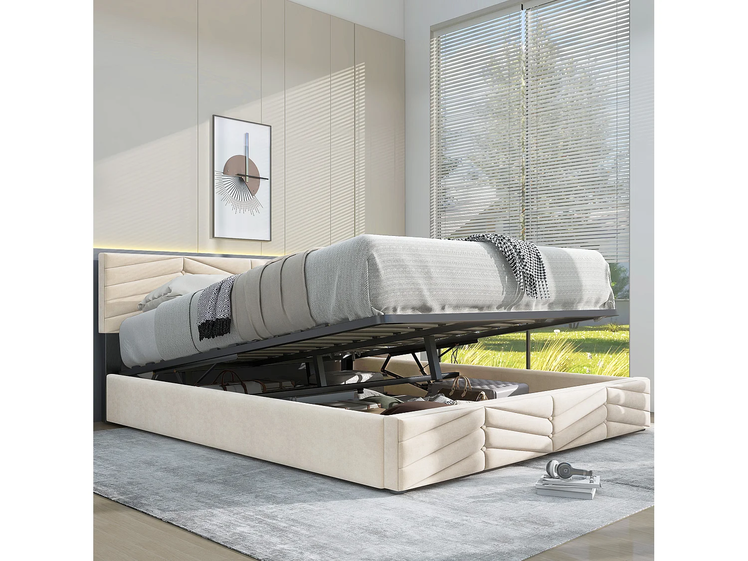 Lit coffre Lit adulte Lit double 140x190 cm avec tête de lit réglable en hauteur - Sommier à lattes bois inclus - velours - beige