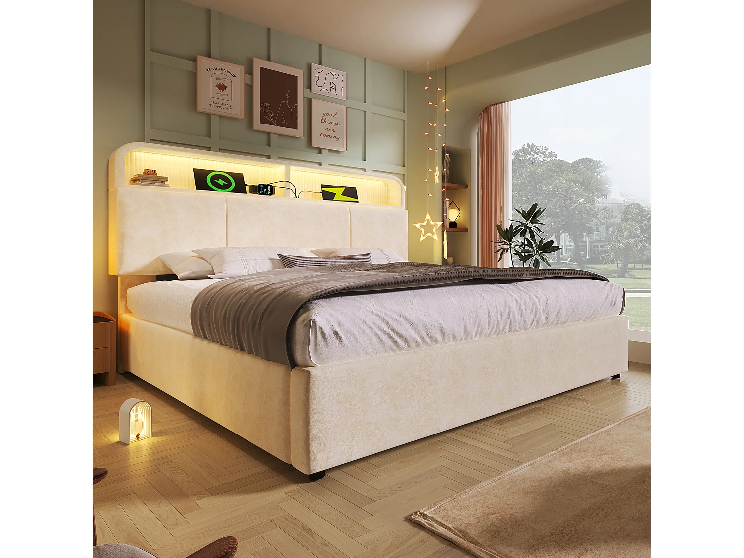 Lit coffre 180x200cm Lit rembourré avec tête de lit rangement réglable et mécanisme hydraulique - Éclairage LED - charge USB-Type-C - Velours  - beige
