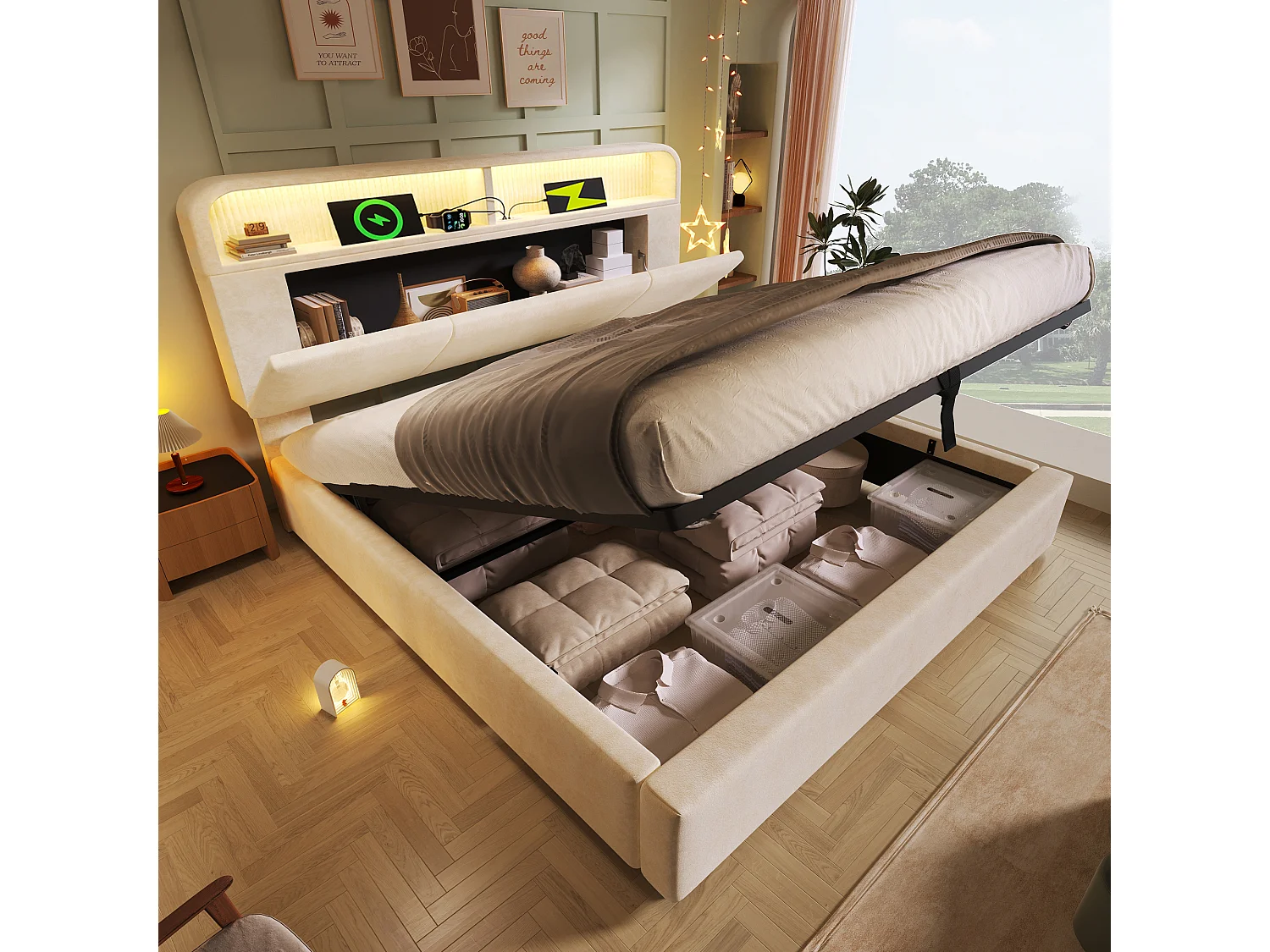 Lit coffre 180x200cm Lit rembourré avec tête de lit rangement réglable et mécanisme hydraulique - Éclairage LED - charge USB-Type-C - Velours  - beige
