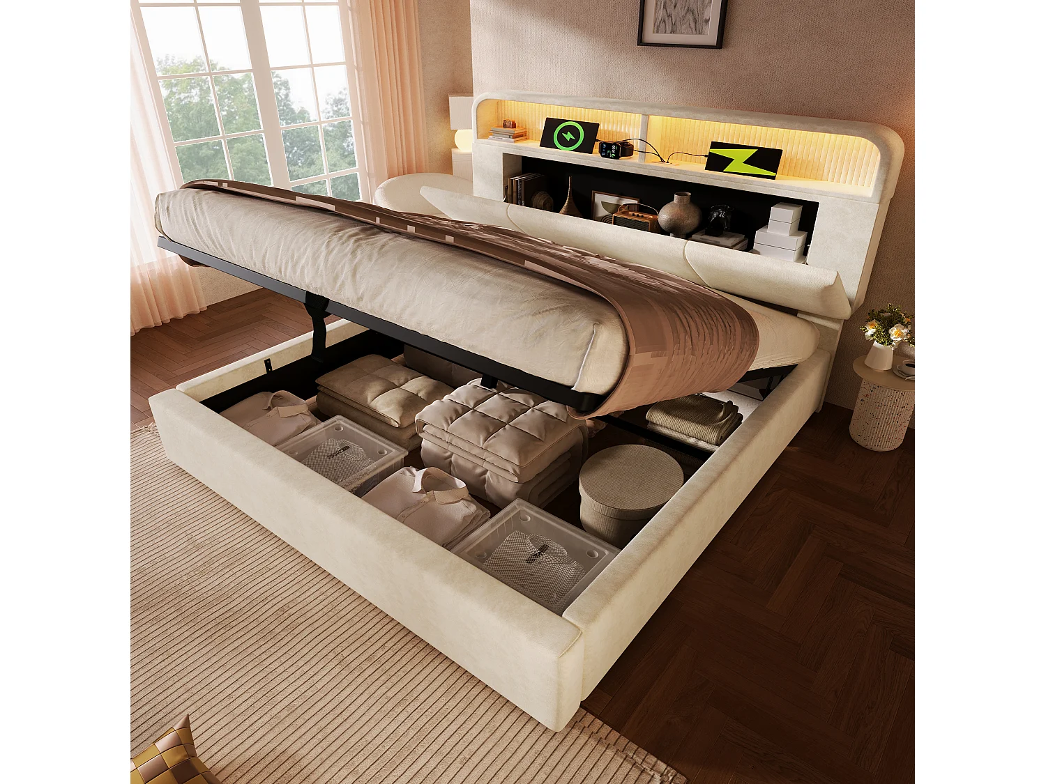 Lit coffre 180x200cm Lit rembourré avec tête de lit rangement réglable et mécanisme hydraulique - Éclairage LED - charge USB-Type-C - Velours  - beige