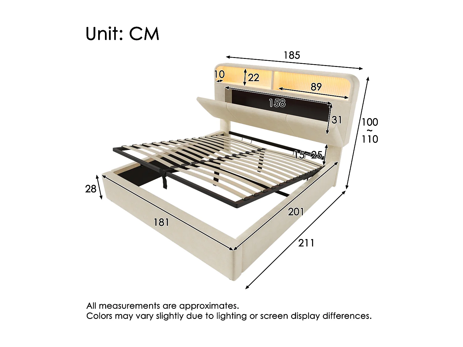 Lit coffre 180x200cm Lit rembourré avec tête de lit rangement réglable et mécanisme hydraulique - Éclairage LED - charge USB-Type-C - Velours  - beige
