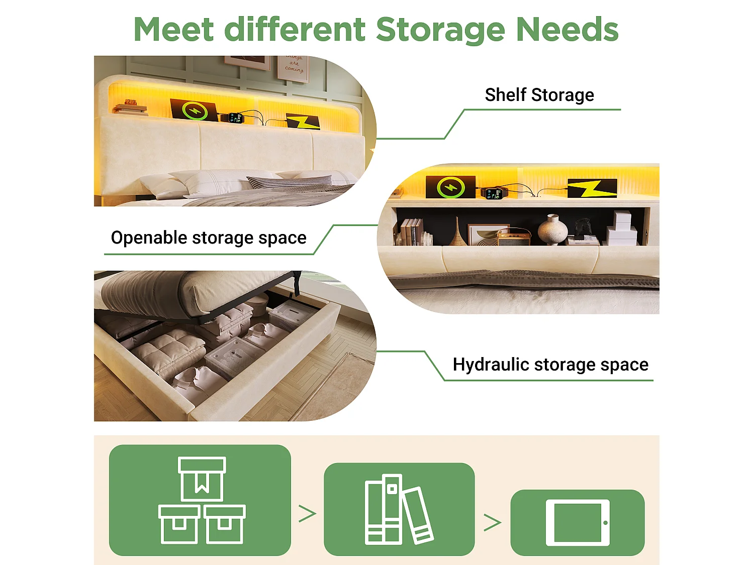 Lit coffre 180x200cm Lit rembourré avec tête de lit rangement réglable et mécanisme hydraulique - Éclairage LED - charge USB-Type-C - Velours  - beige