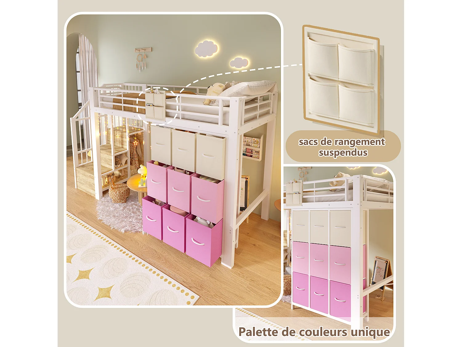 Lit mezzanine 90x200 cm avec escalier, commode à tiroirs et grand espace libre - métal blanc