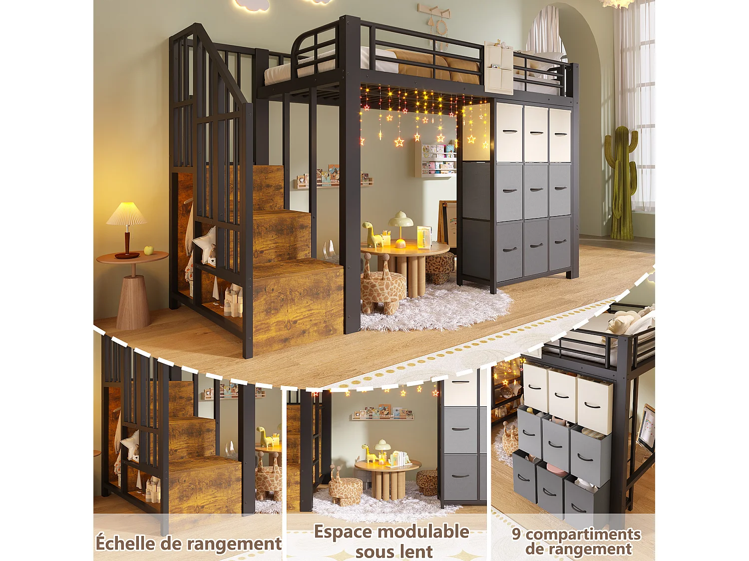 Lit mezzanine 140x200 pour chambre enfant et ado avec rangements - métal noir