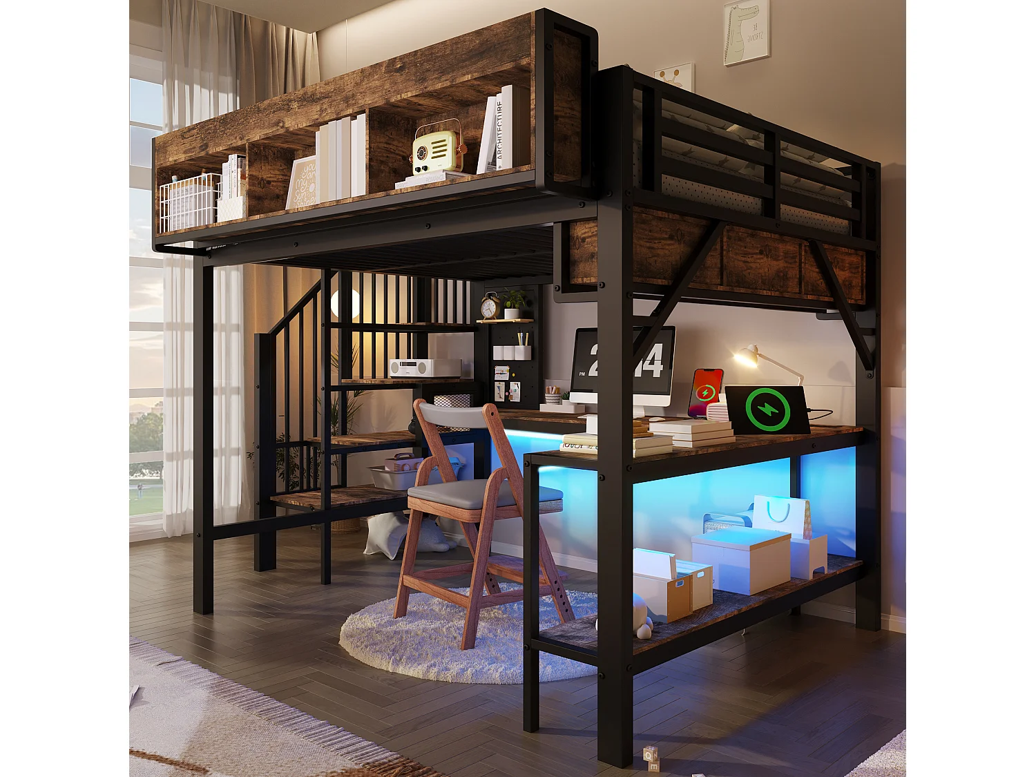 Lit mezzanine 140x200 cm avec bureau d'angle - rangement - panneau perforé - prise USB-C et LED - certifié EN747 enfant - vintage marron et noir