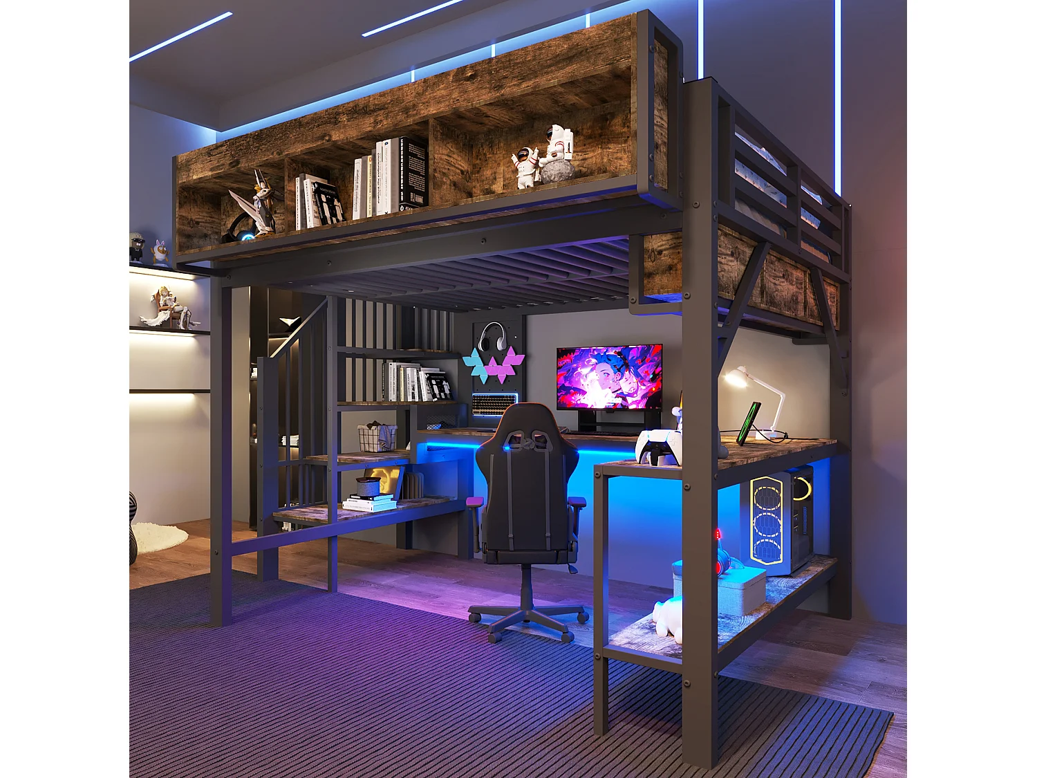 Lit mezzanine 140x200 cm avec bureau d'angle - rangement - panneau perforé - prise USB-C et LED - certifié EN747 enfant - vintage marron et noir