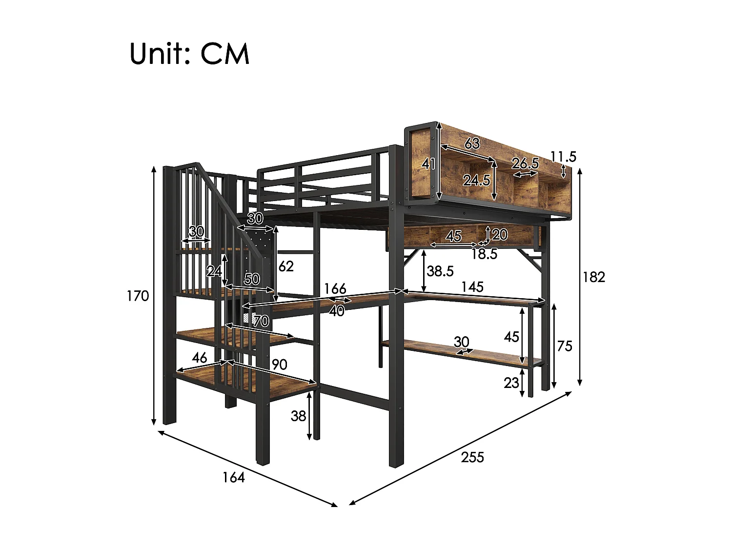 Lit mezzanine 140x200 cm avec bureau d'angle - rangement - panneau perforé - prise USB-C et LED - certifié EN747 enfant - vintage marron et noir