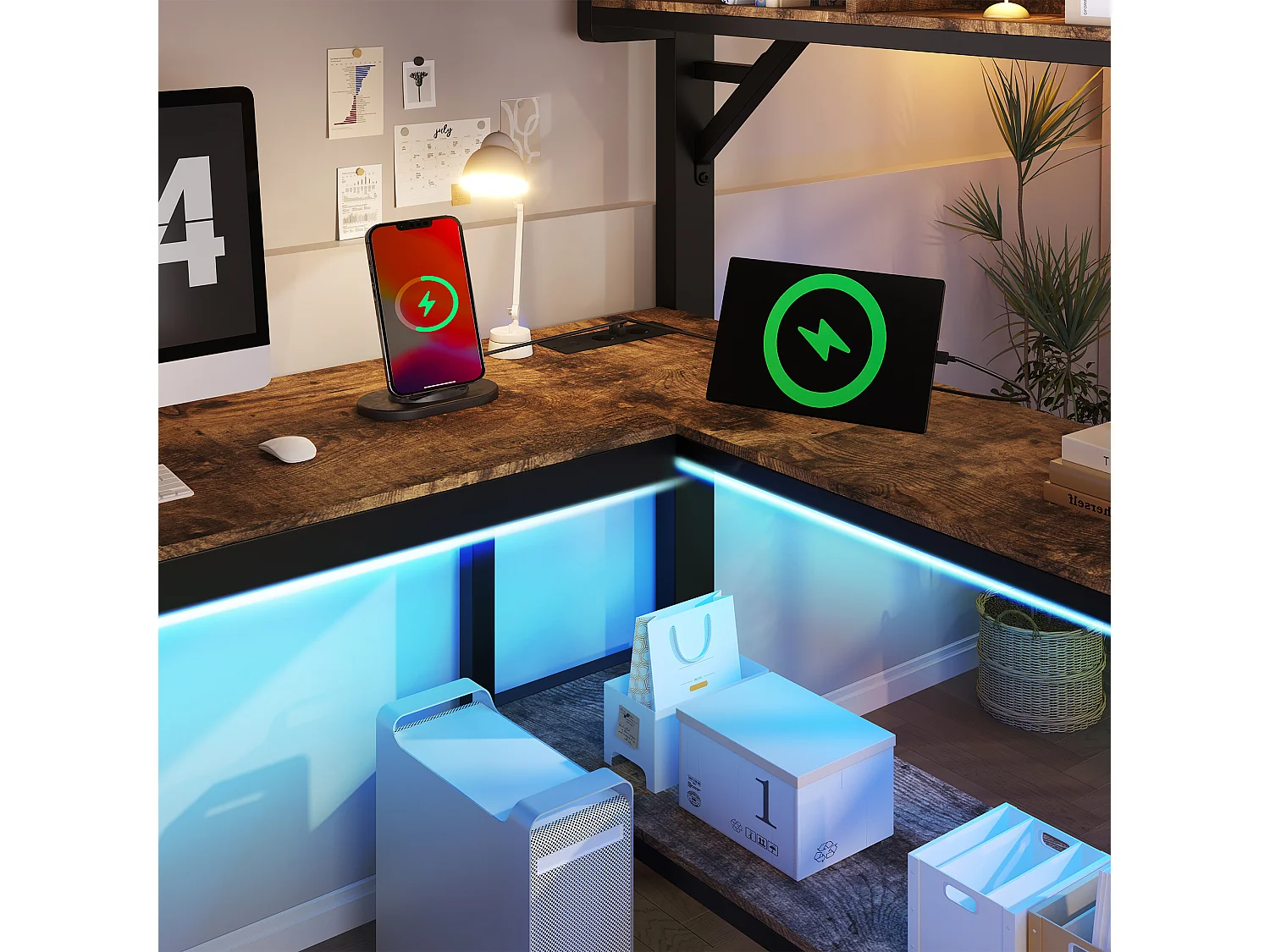 Lit mezzanine 140x200 cm avec bureau d'angle - rangement - panneau perforé - prise USB-C et LED - certifié EN747 enfant - vintage marron et noir