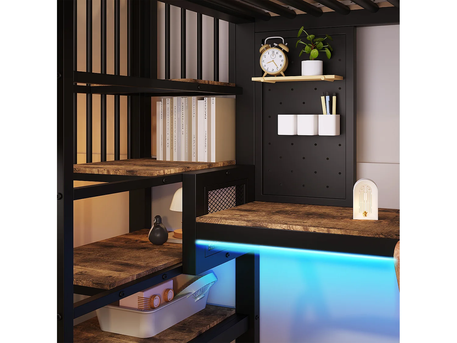 Lit mezzanine 140x200 cm avec bureau d'angle - rangement - panneau perforé - prise USB-C et LED - certifié EN747 enfant - vintage marron et noir