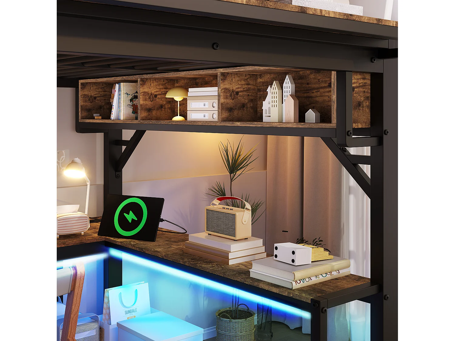 Lit mezzanine 140x200 cm avec bureau d'angle - rangement - panneau perforé - prise USB-C et LED - certifié EN747 enfant - vintage marron et noir