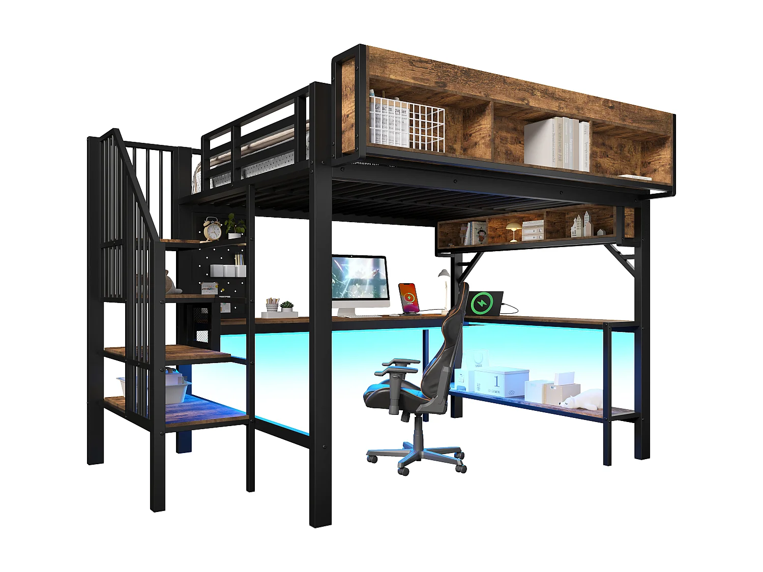 Lit mezzanine 140x200 cm avec bureau d'angle - rangement - panneau perforé - prise USB-C et LED - certifié EN747 enfant - vintage marron et noir