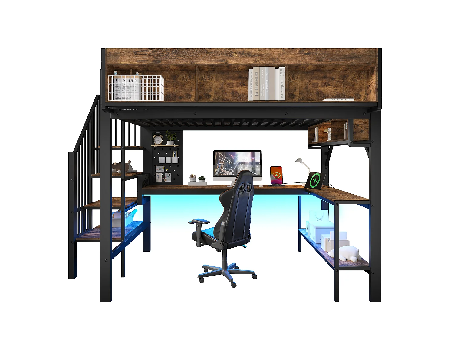 Lit mezzanine 140x200 cm avec bureau d'angle - rangement - panneau perforé - prise USB-C et LED - certifié EN747 enfant - vintage marron et noir