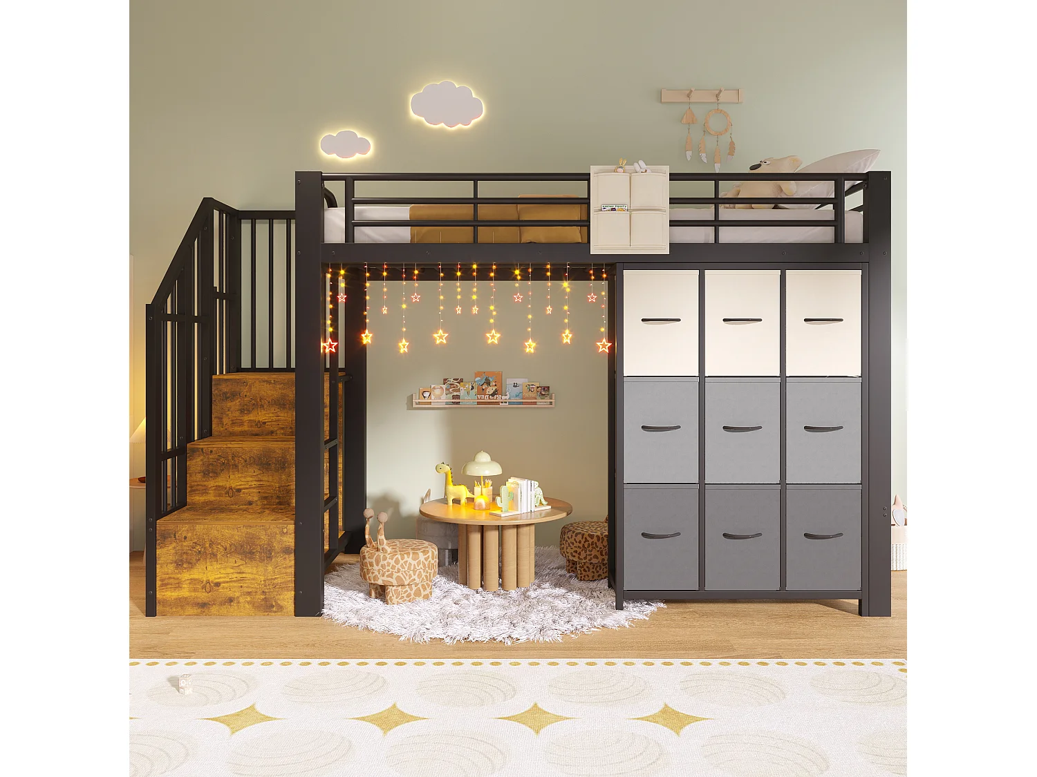 Lit mezzanine 90x200 cm avec escalier, commode à tiroirs et grand espace libre - métal noir