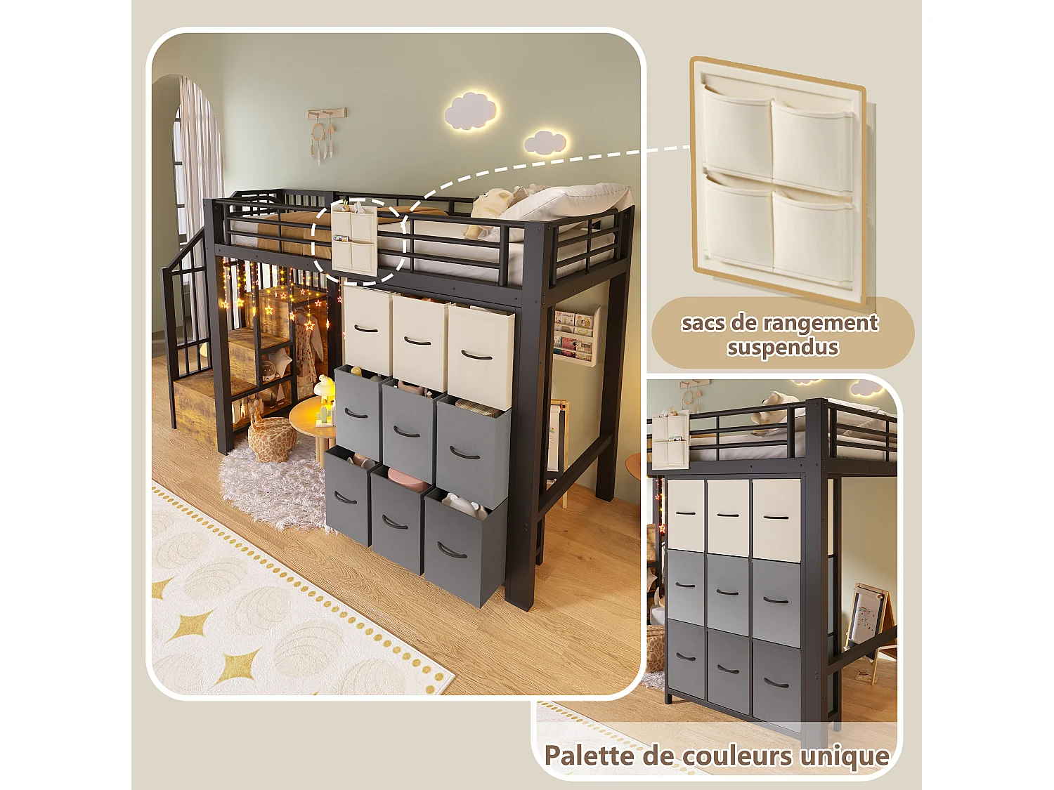 Lit mezzanine 90x200 cm avec escalier, commode à tiroirs et grand espace libre - métal noir