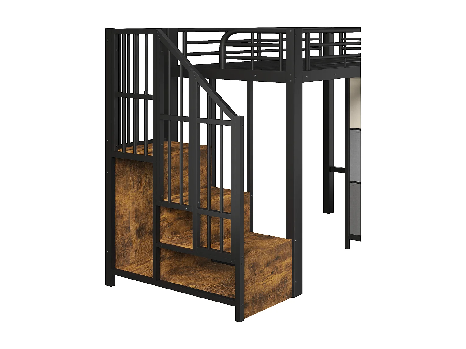 Lit mezzanine 90x200 cm avec escalier, commode à tiroirs et grand espace libre - métal noir