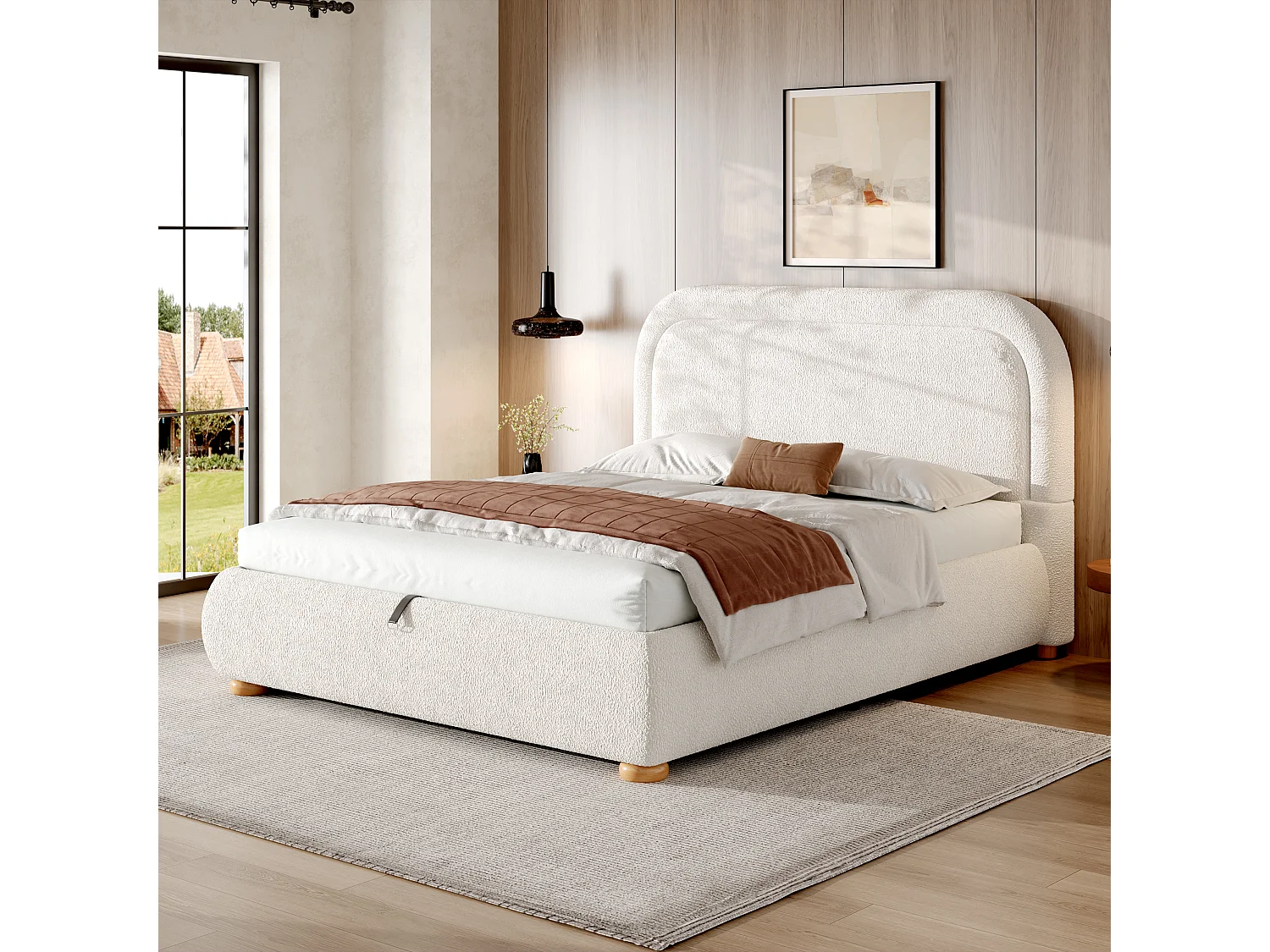 Lit coffre 160x200cm Lit rembourré double avec rangement hydraulique, sommier à lattes, tissu bouclé, beige