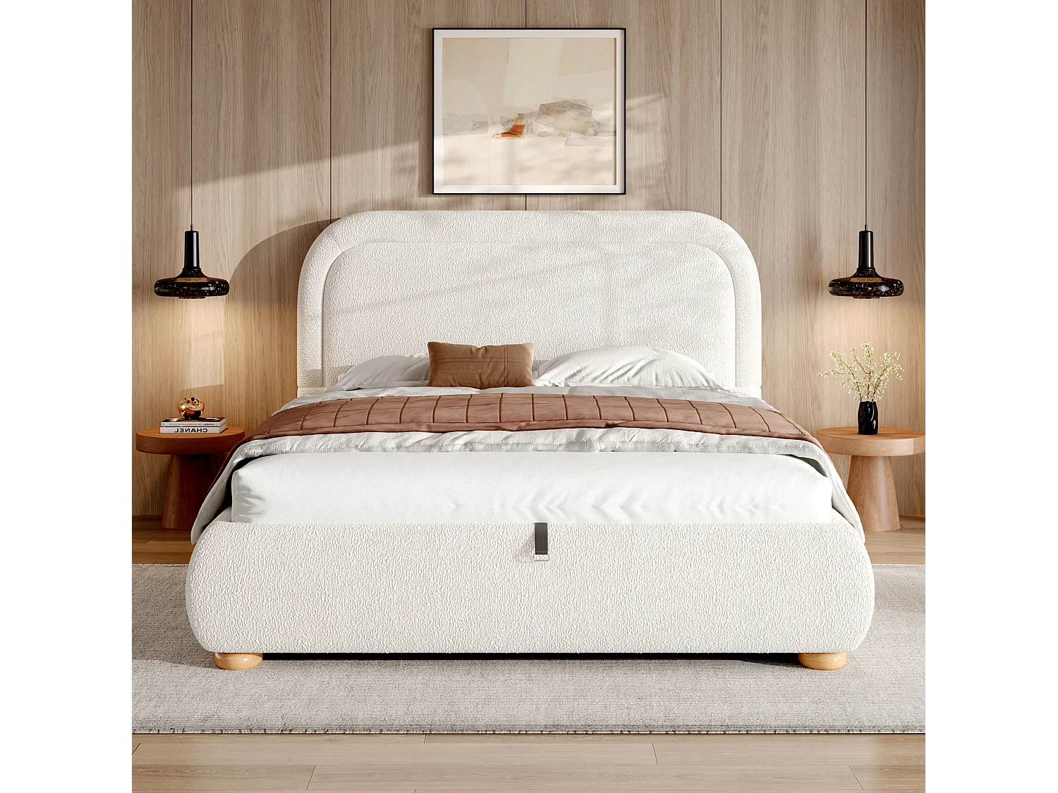 Lit coffre 160x200cm Lit rembourré double avec rangement hydraulique, sommier à lattes, tissu bouclé, beige