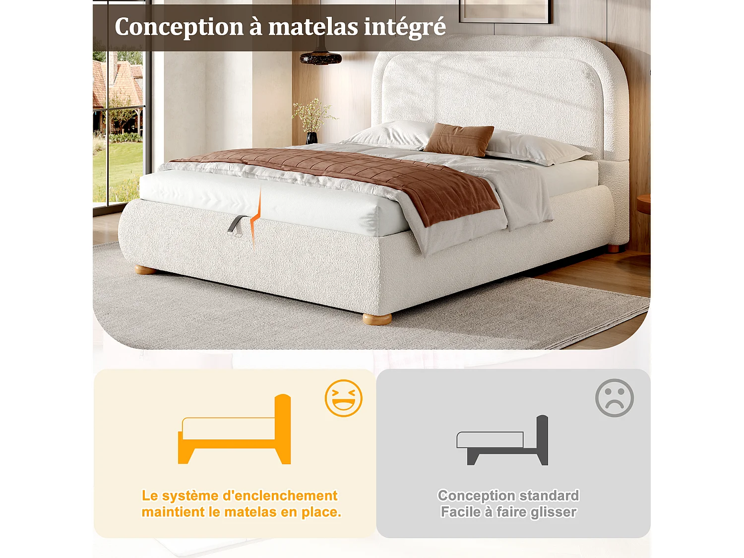 Lit coffre 160x200cm Lit rembourré double avec rangement hydraulique, sommier à lattes, tissu bouclé, beige