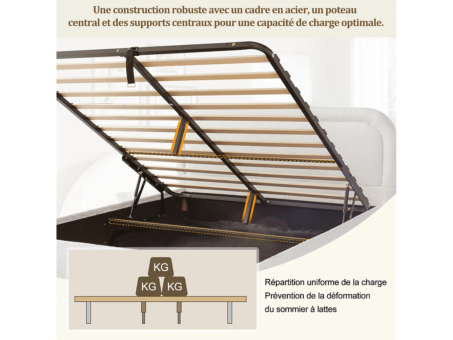 Lit coffre 160x200cm Lit rembourré double avec rangement hydraulique, sommier à lattes, tissu bouclé, beige