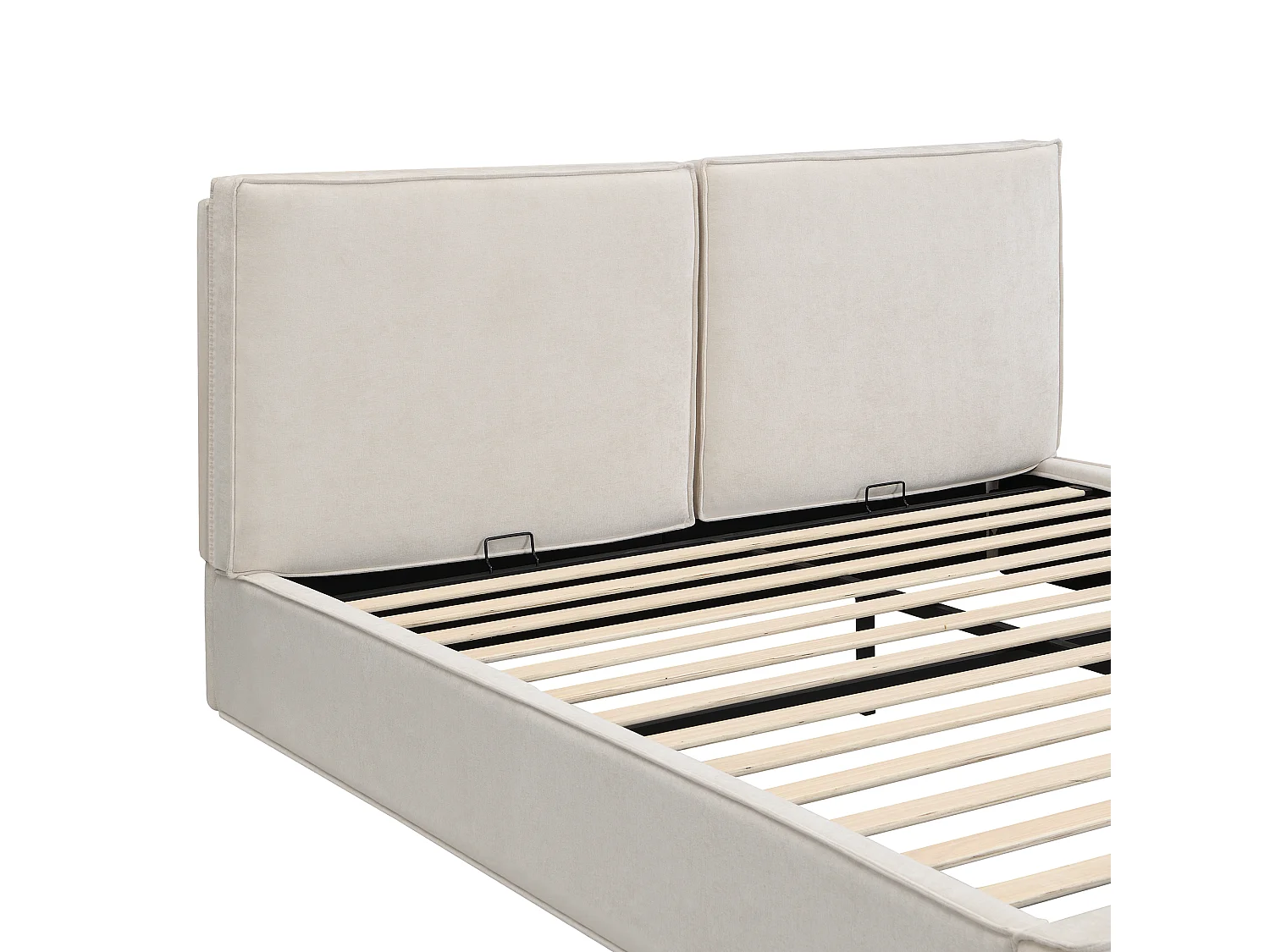 Lit coffre 180x200cm Lit double avec rangement hydraulique intégré et tête de lit capitonnée - Tissu chenille  - Sommier à lattes inclus - beige