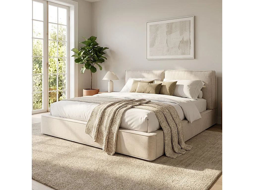 Lit coffre 180x200cm Lit double avec rangement hydraulique intégré et tête de lit capitonnée - Tissu chenille  - Sommier à lattes inclus - beige