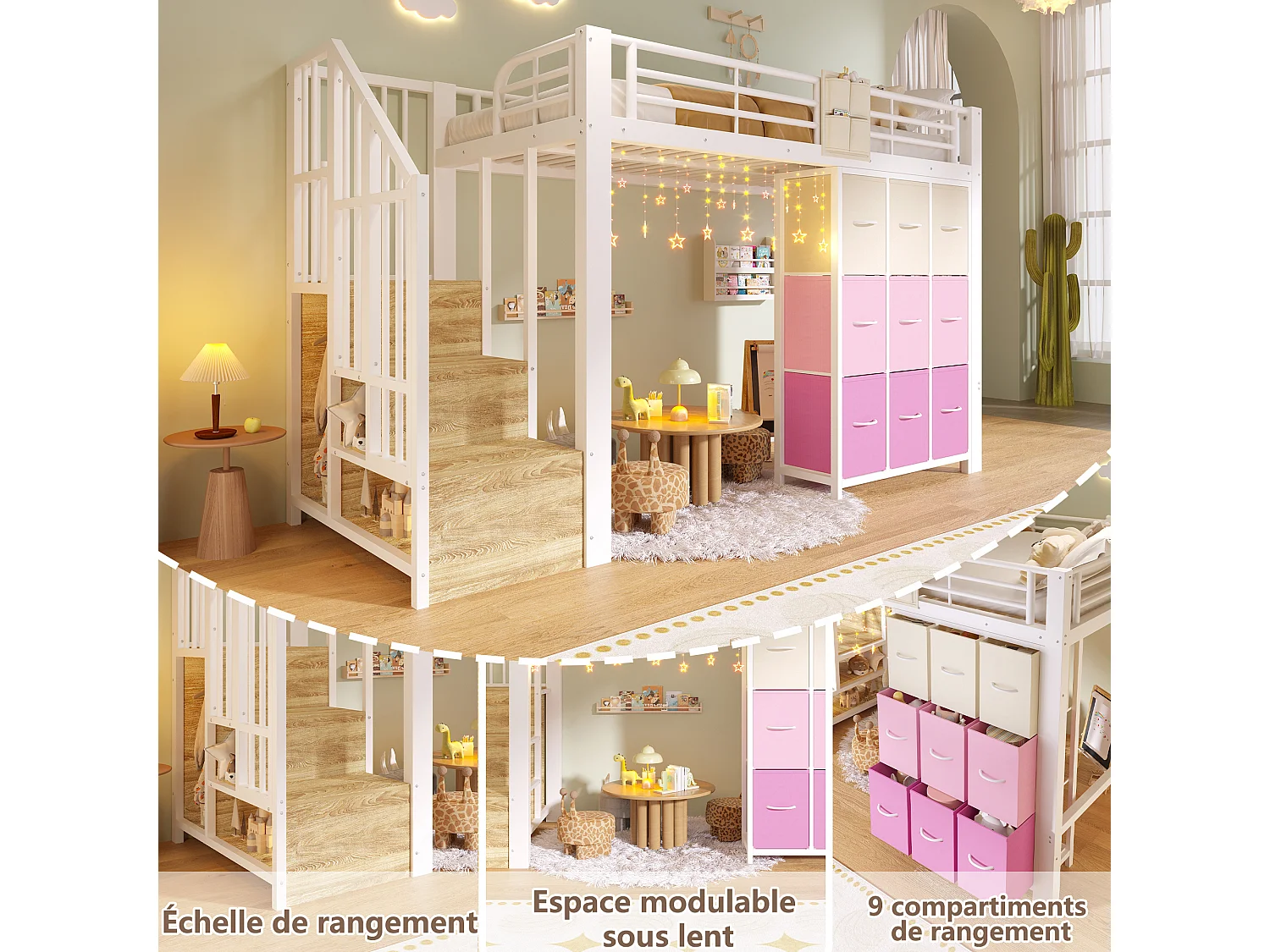Lit mezzanine 140x200 pour chambre enfant et ado avec rangements - métal blanc
