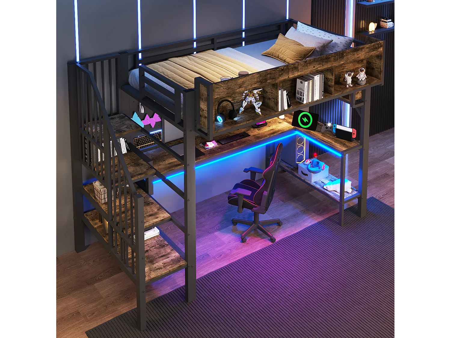 Lit mezzanine 90x200 cm avec bureau d'angle - rangement - panneau perforé - prise USB-C et LED - certifié EN747 enfant - vintage marron et noir